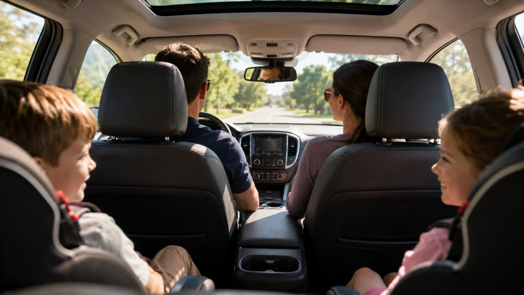 Family with children riding in a car