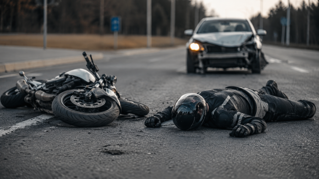 Injured motorcyclist lying on the road beside a motorcycle