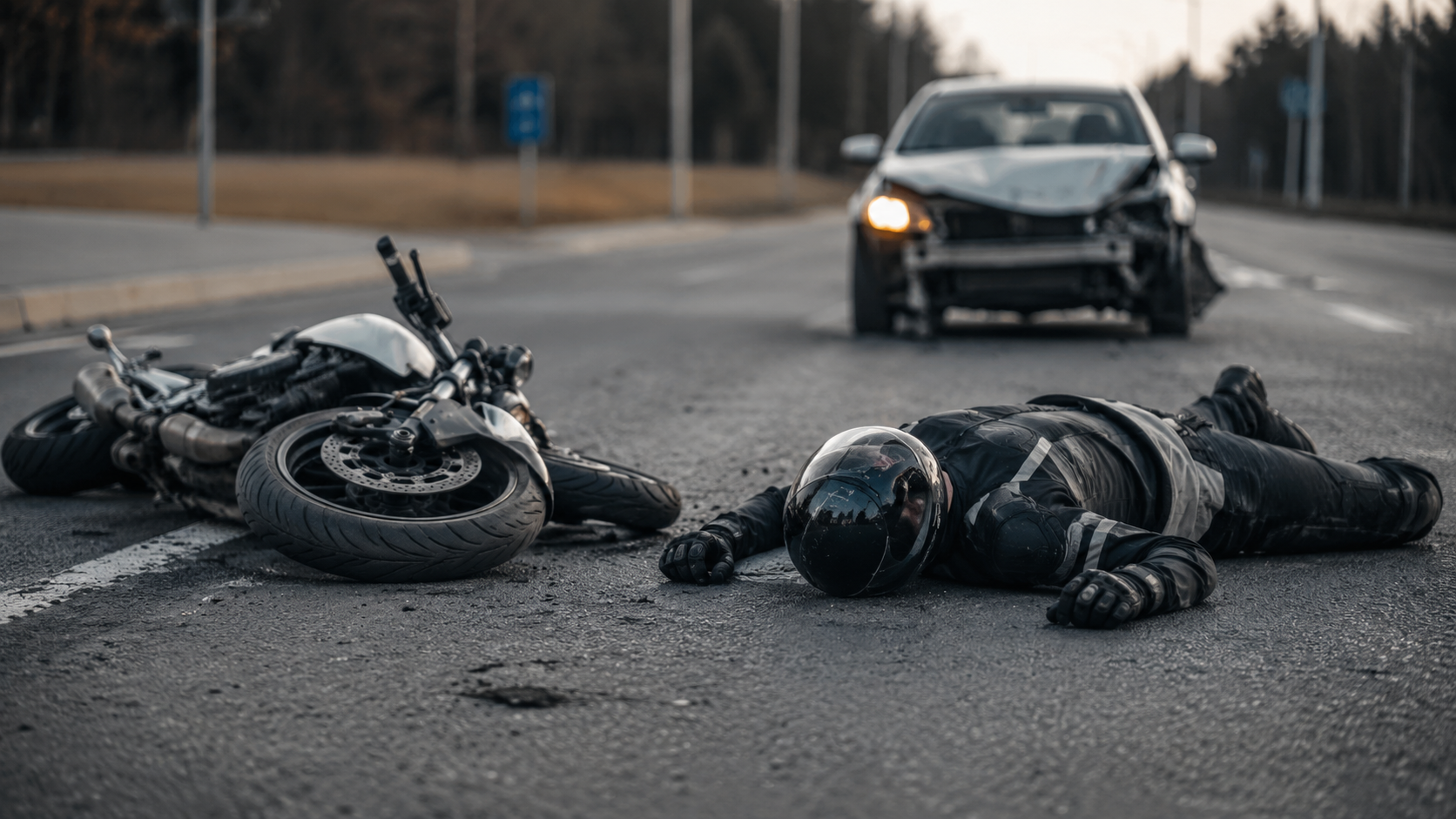 Injured motorcyclist lying on the road beside a motorcycle