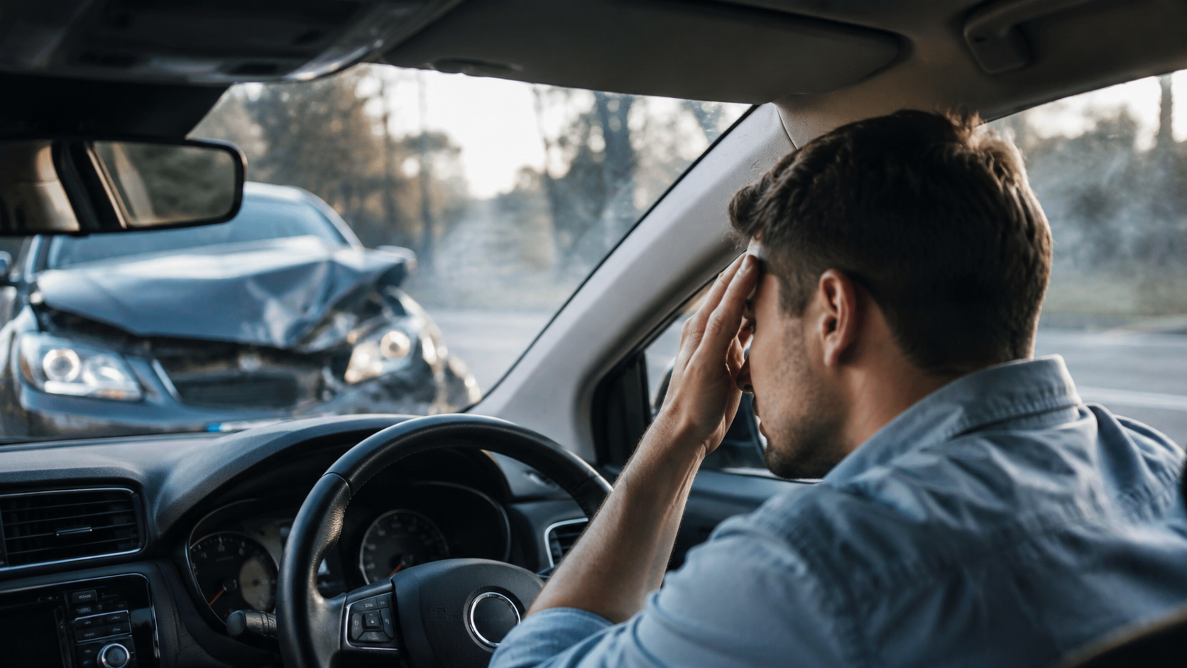 Stressed driver in a car after a collision