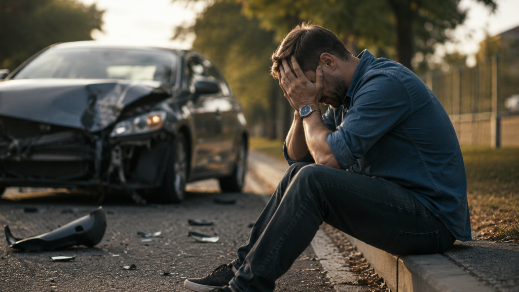 Distressed driver sitting on a curb beside a damaged car