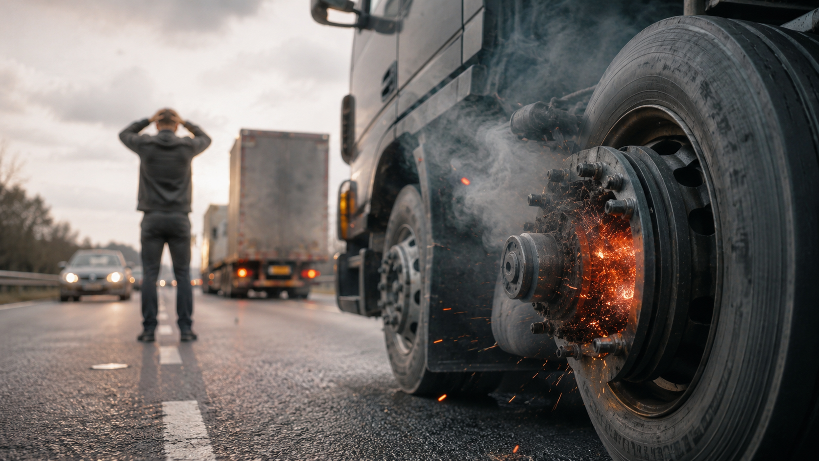Truck with an overheated brake beside a stunned driver