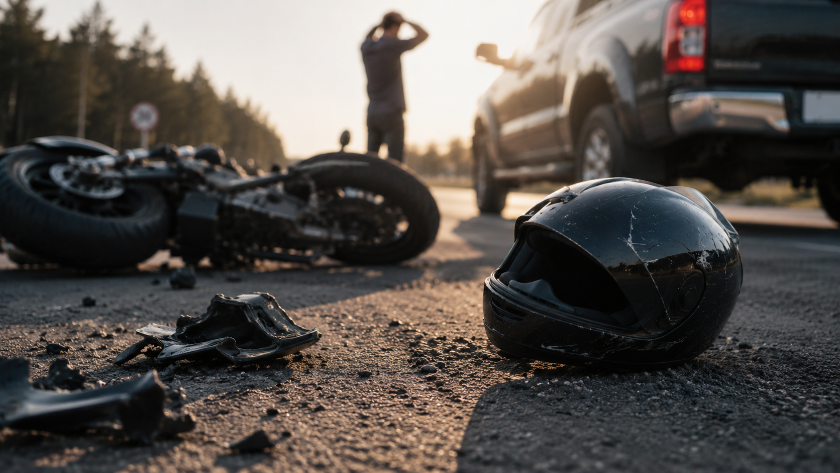 Motorcycle and helmet lying on the road after a crash
