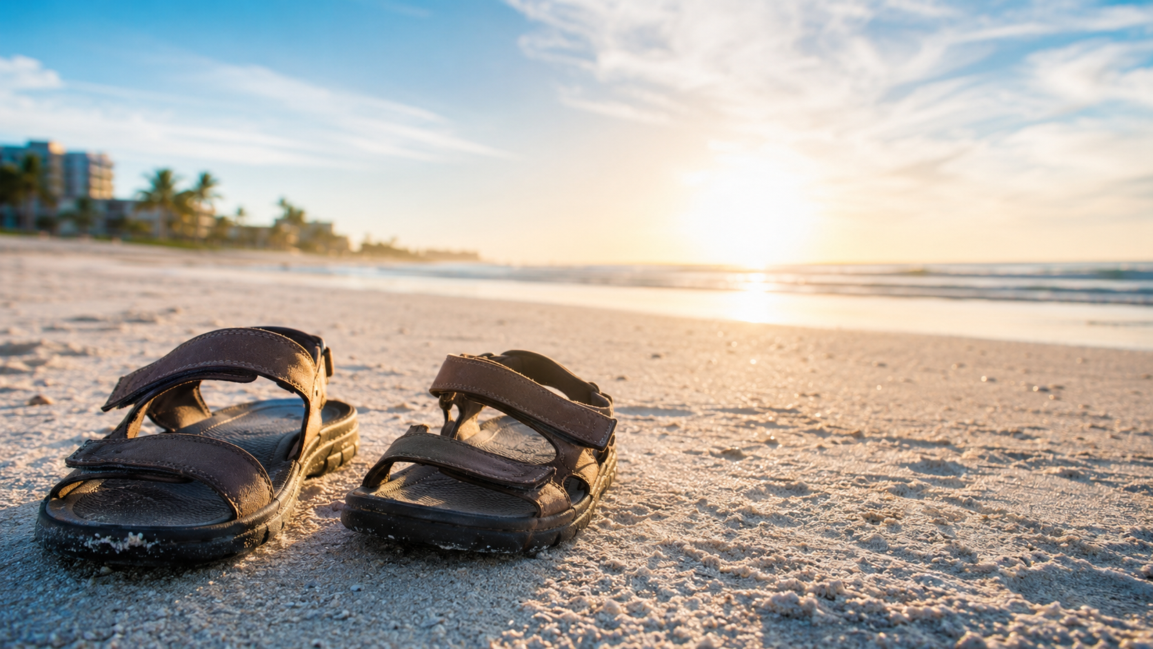 Pair of sandals on a beach at sunset