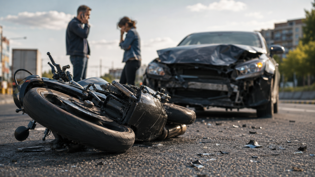 Overturned motorcycle and damaged car after a crash