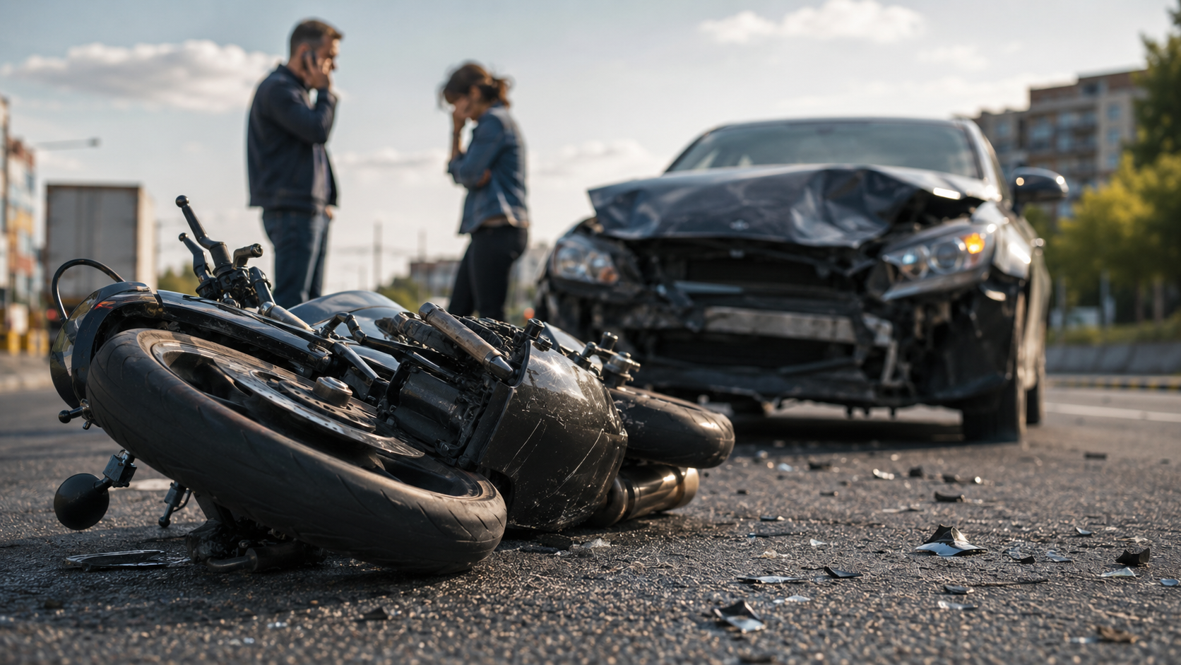 Overturned motorcycle and damaged car after a crash