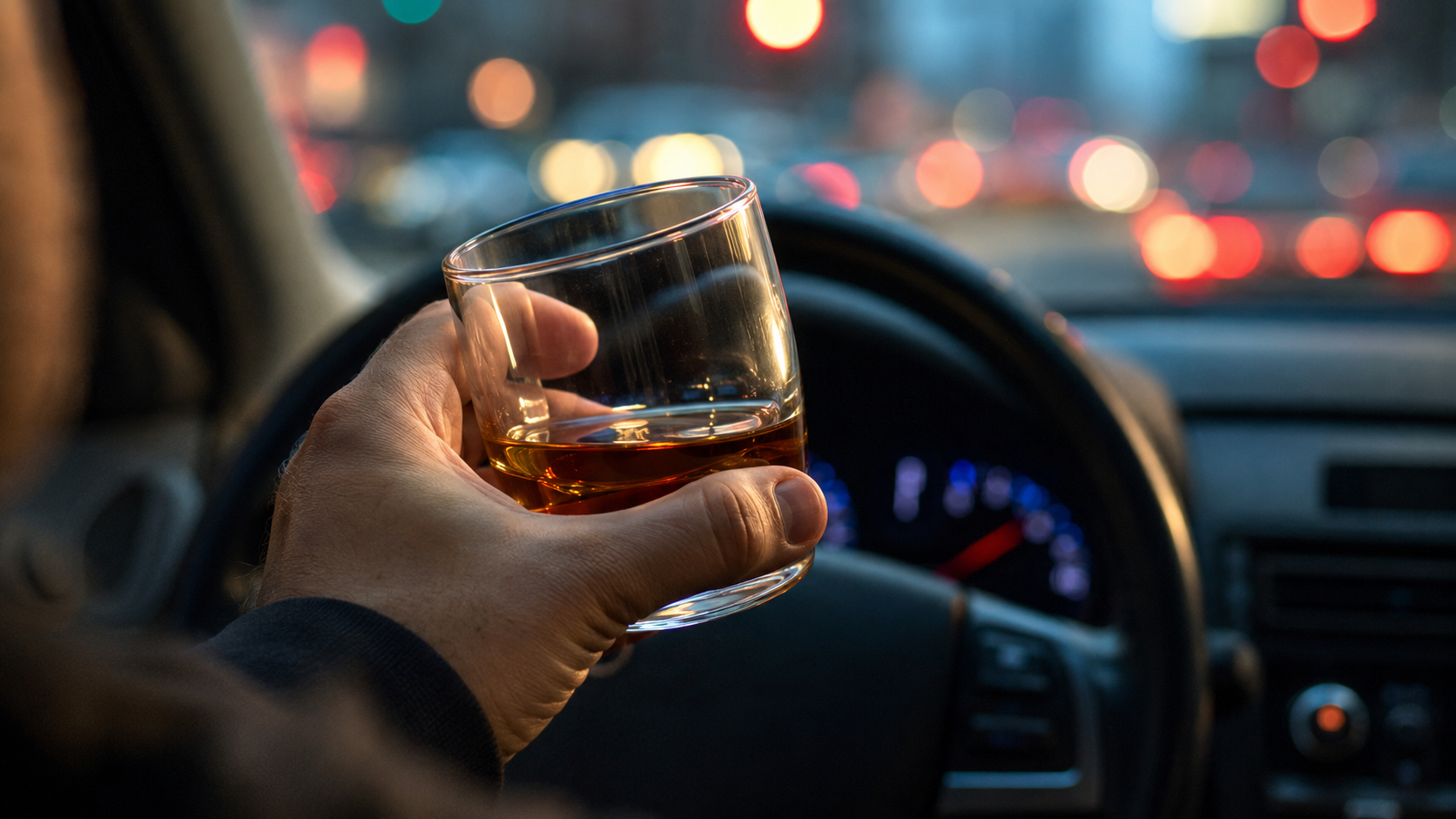 Driver holding a glass of alcohol behind the wheel