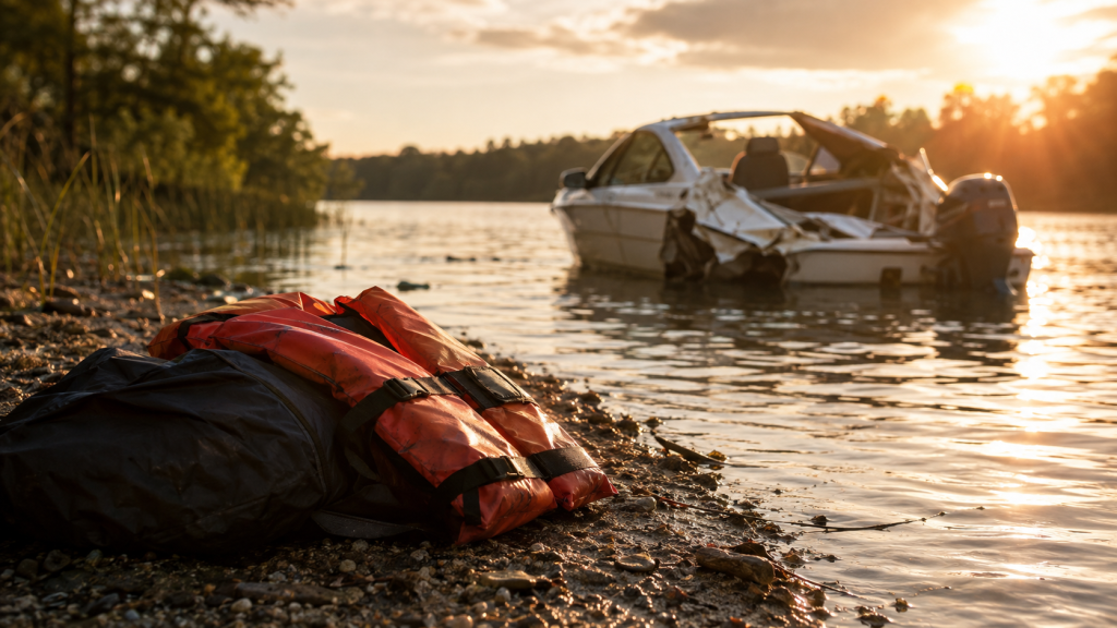 Damaged boat and life jackets on a lakeshore at sunset