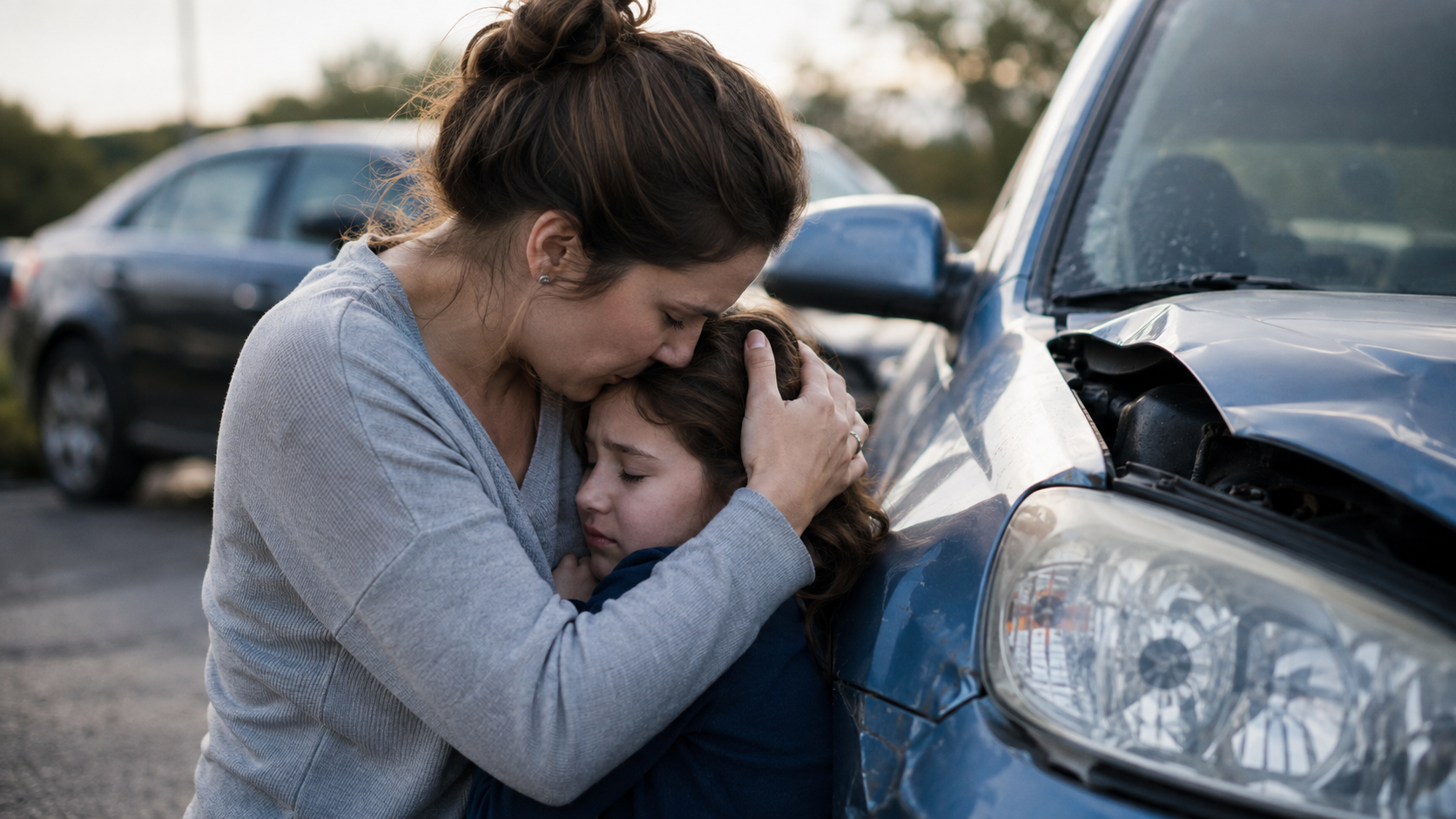 Mother comforting her child beside a damaged car