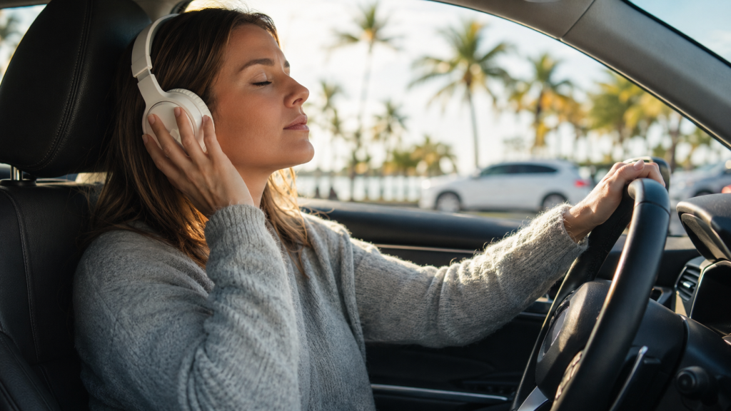 Woman wearing headphones while driving