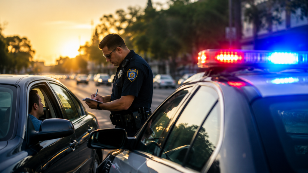 Police officer questioning a driver during a traffic stop