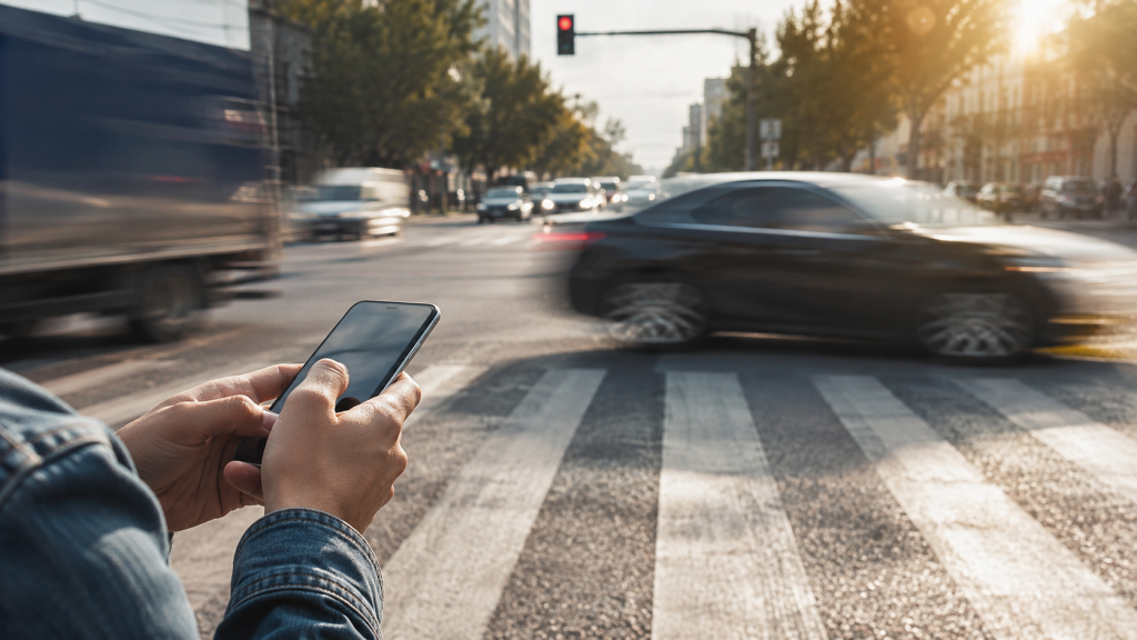 Pedestrian using a phone at a crosswalk as a car speeds past