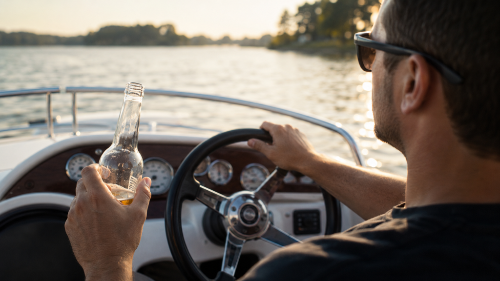 Boat driver holding a beer bottle while steering