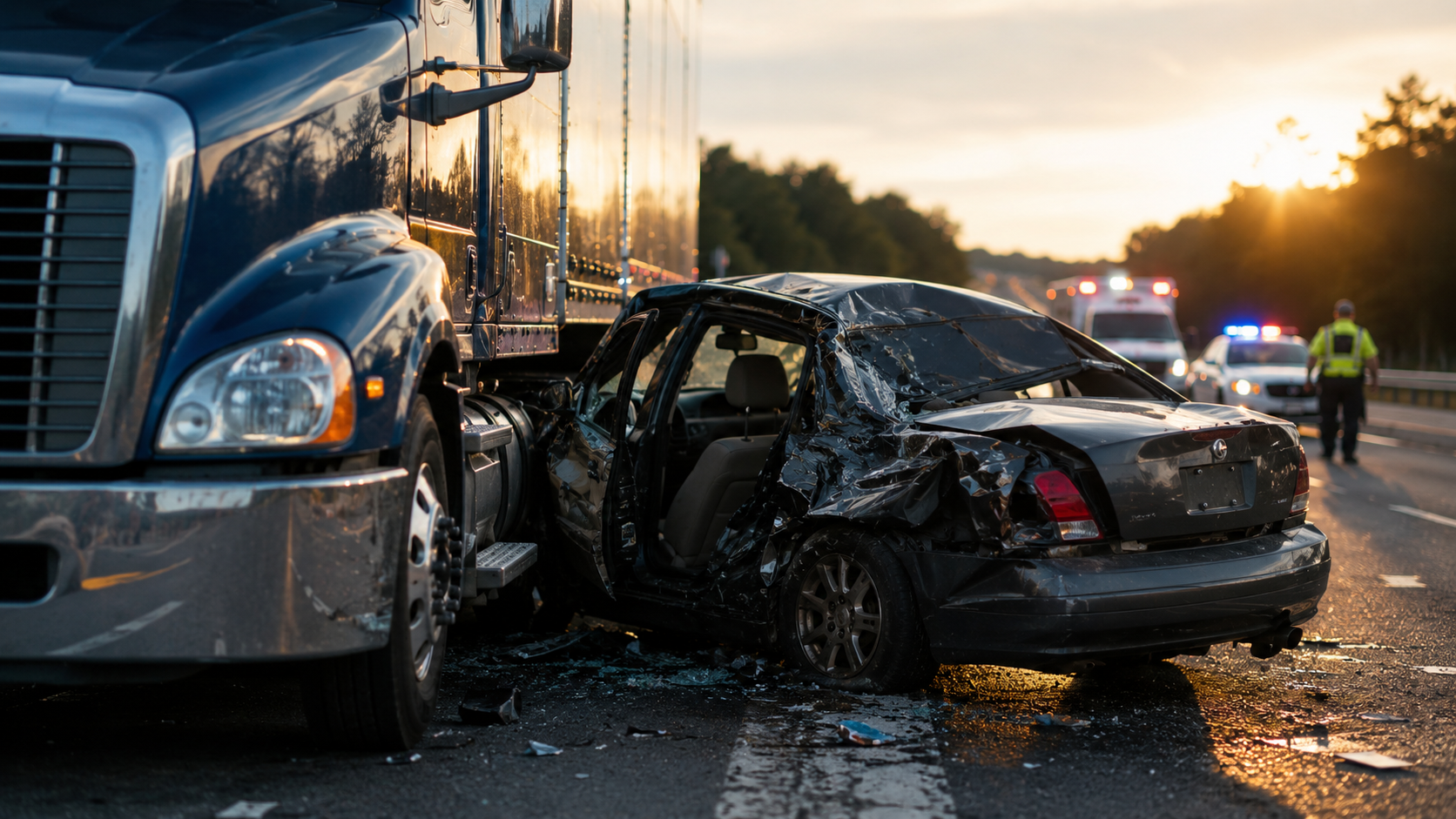 Semi-truck and car wreckage after a crash