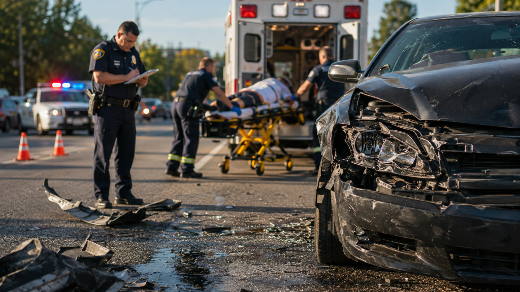 Police and paramedics at a rideshare crash scene