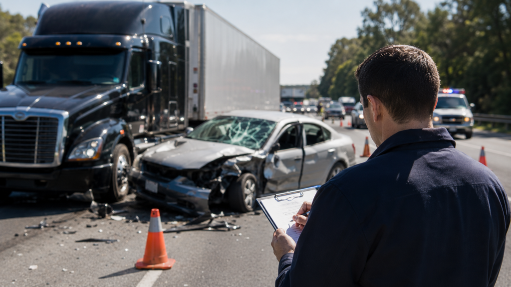 Investigator taking notes at a truck and car crash scene