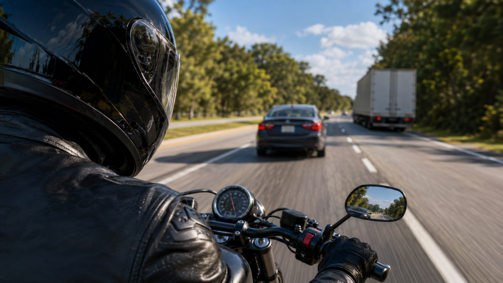 Motorcyclist riding on a highway behind a truck
