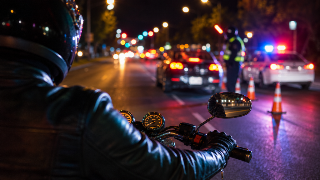 Motorcyclist approaching a police checkpoint at night