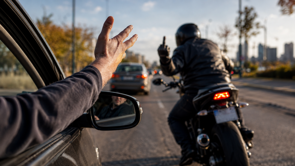 Driver gesturing angrily at a motorcyclist in traffic