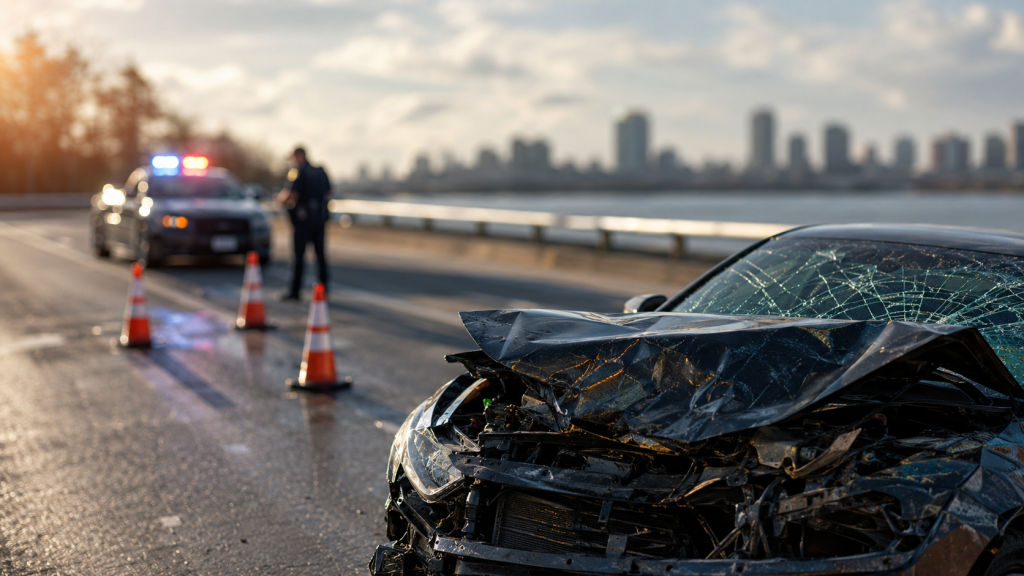 Police at the scene of a crash on a waterfront road