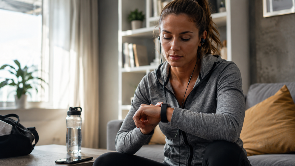 Woman checking her smartwatch at home