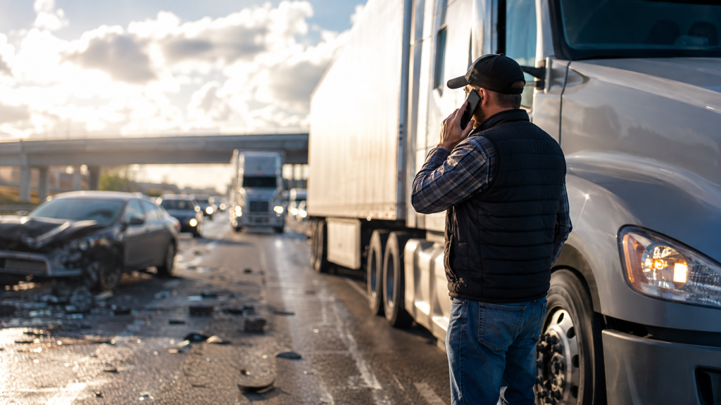 Truck driver on the phone beside a semi-truck after a crash