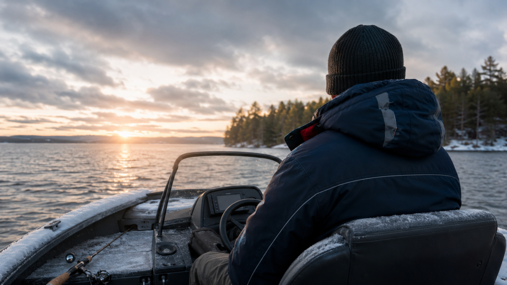 Man in a winter jacket driving a boat on the water