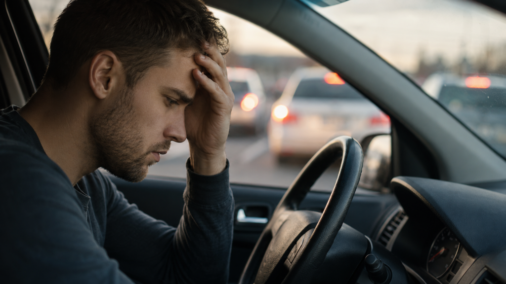 Stressed driver holding his head in traffic