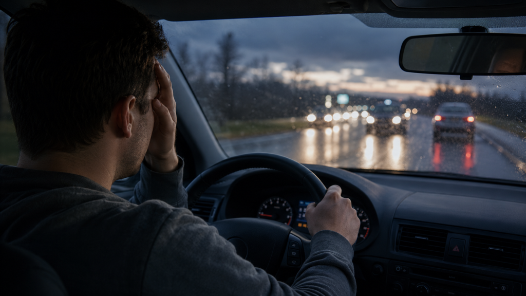 Driver facing oncoming headlights on a wet road