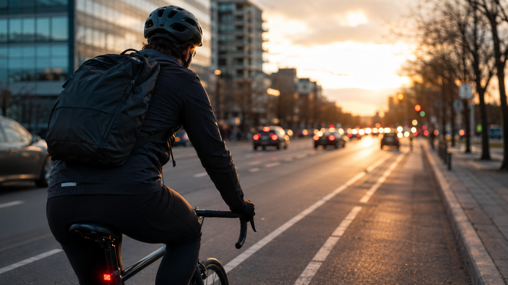 Cyclist riding along a city street at sunset