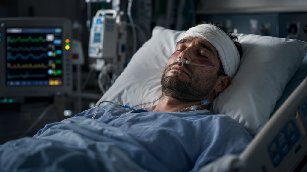Man with a head bandage lying in a hospital bed
