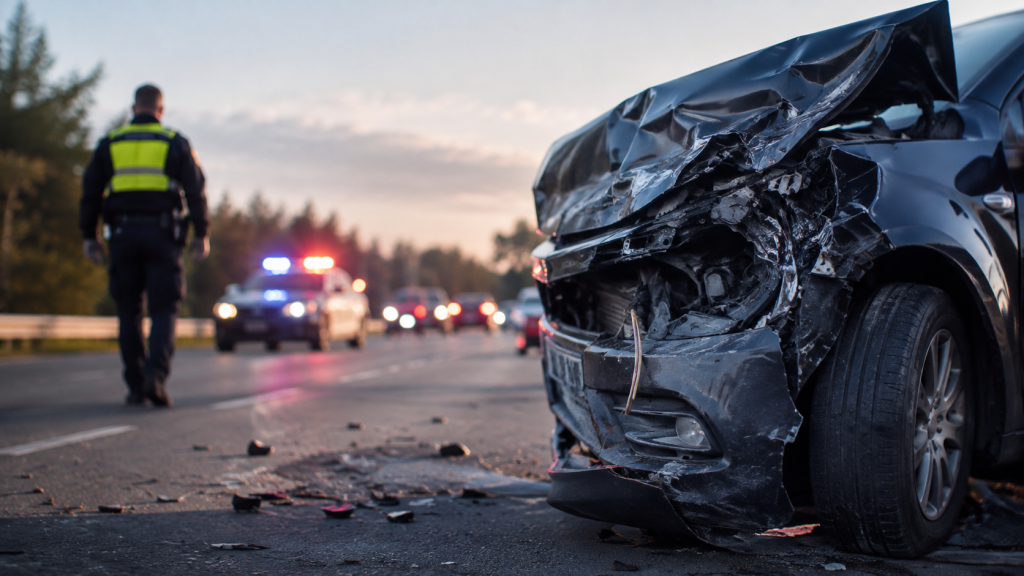 Police officer walking past a crashed car on a highway