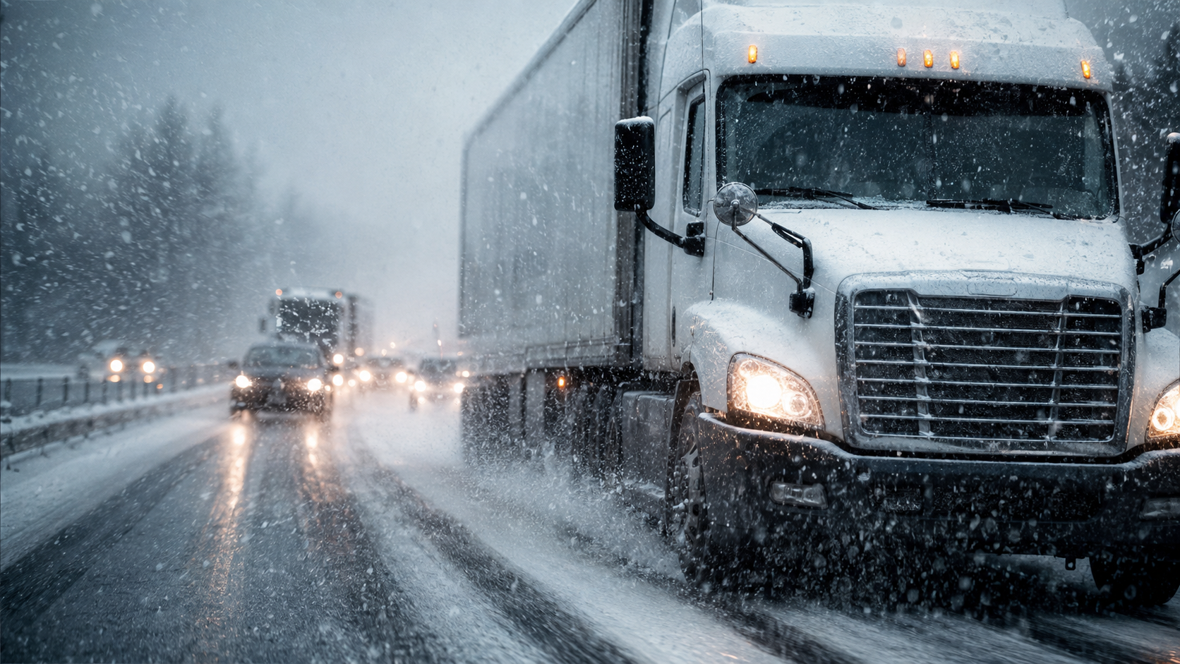 Semi-truck driving through snow on a highway