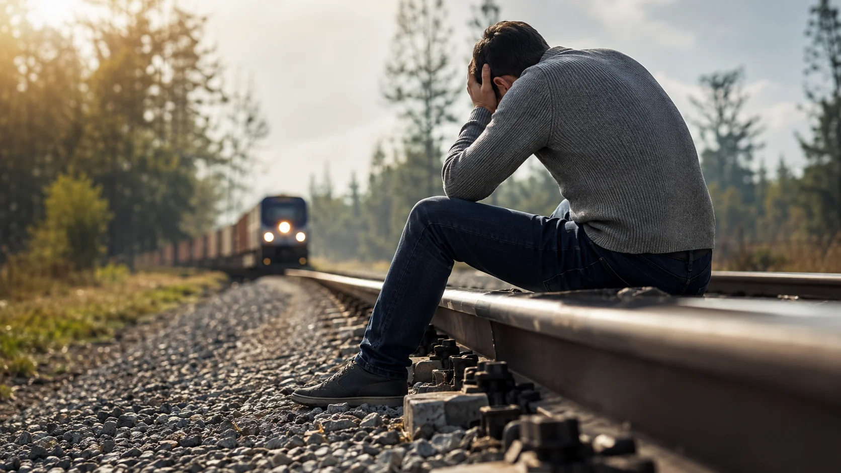 Man sitting on a guardrail with his head in his hand beside a road