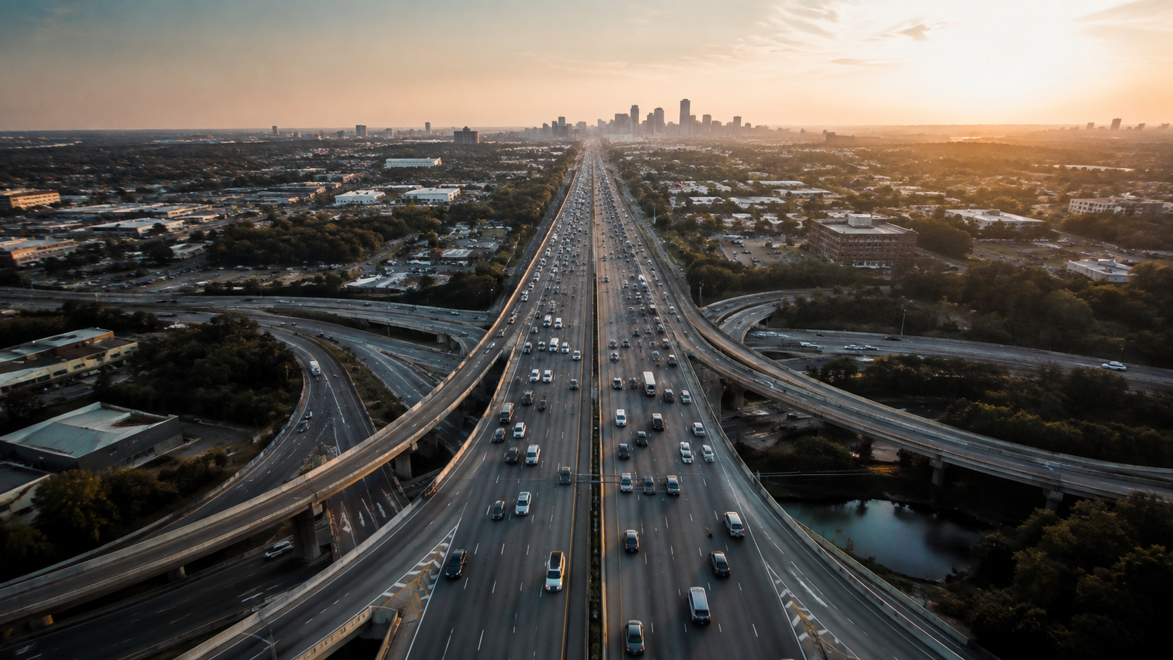 Aerial view of a busy highway at sunset