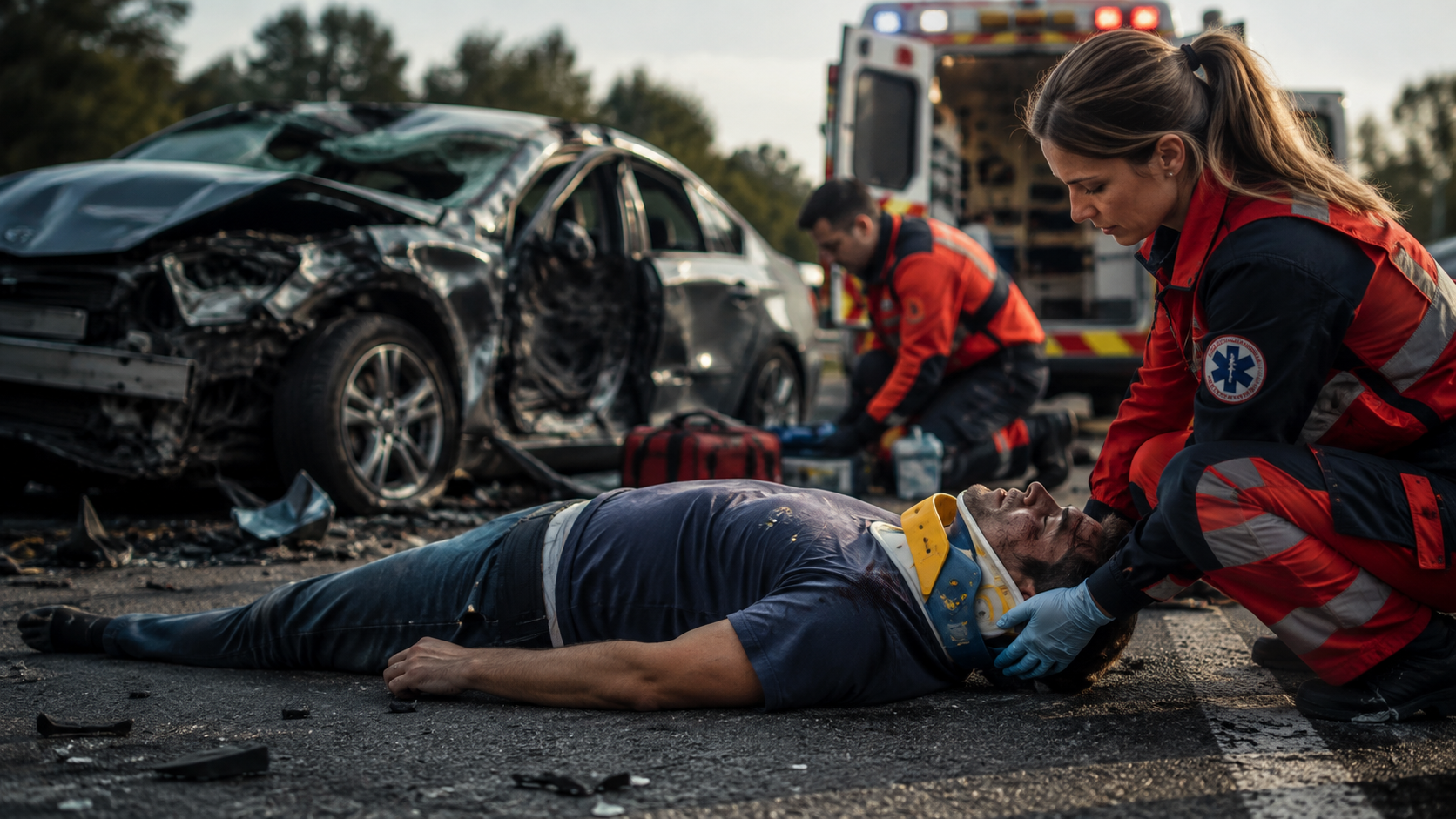 Paramedics helping an injured man lying beside a wrecked car