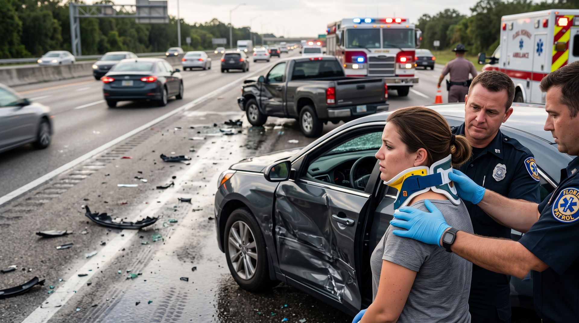 First responders helping an injured woman after a highway crash