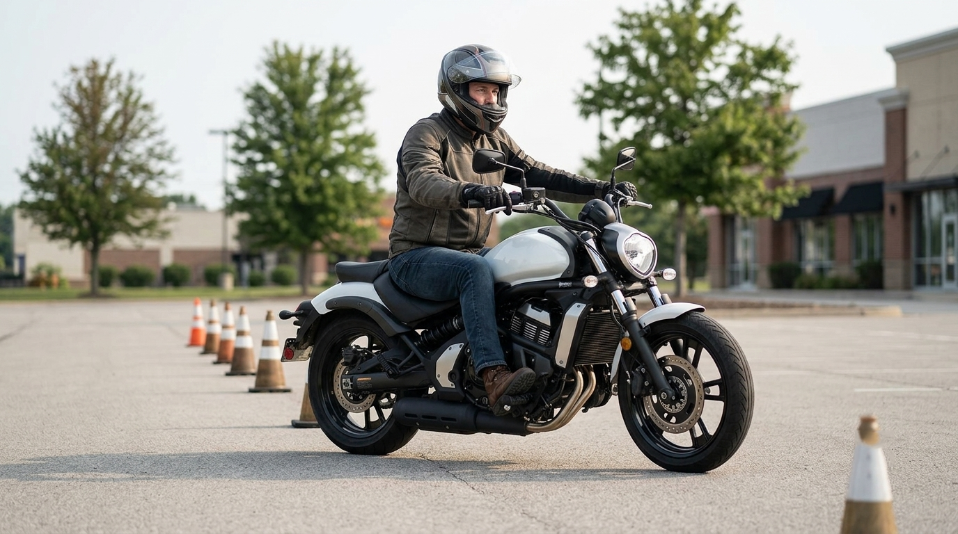 Motorcyclist practicing braking in a parking lot course