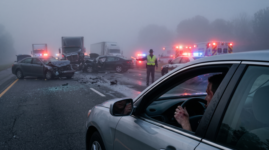 Police and emergency lights at a foggy highway pileup