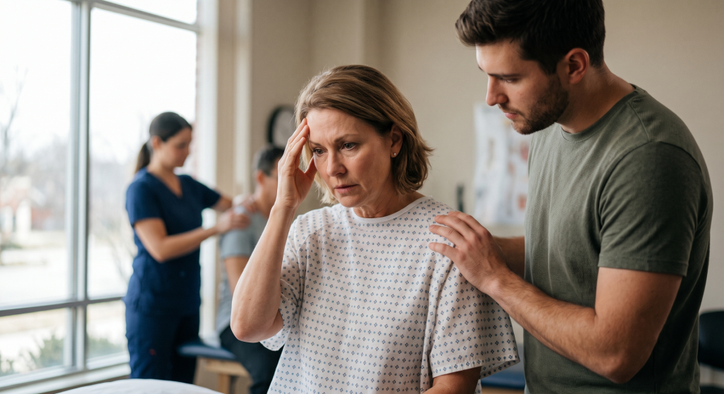Woman holding her head in pain while a man comforts her