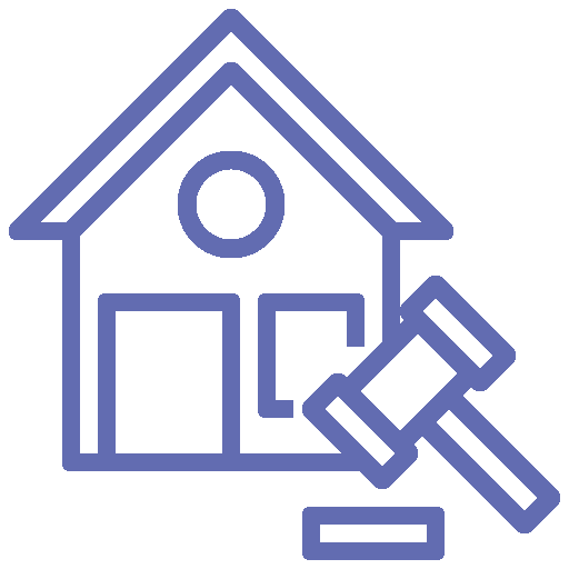 Line art icon of a house silhouette next to a judge’s gavel.