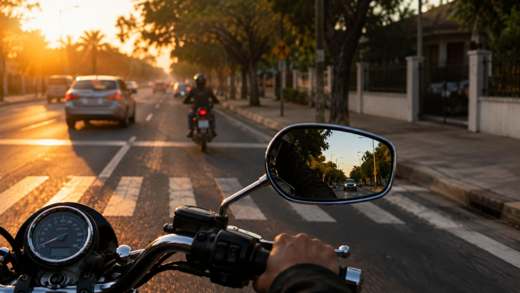 Motorcycle mirror view of a city street at sunset