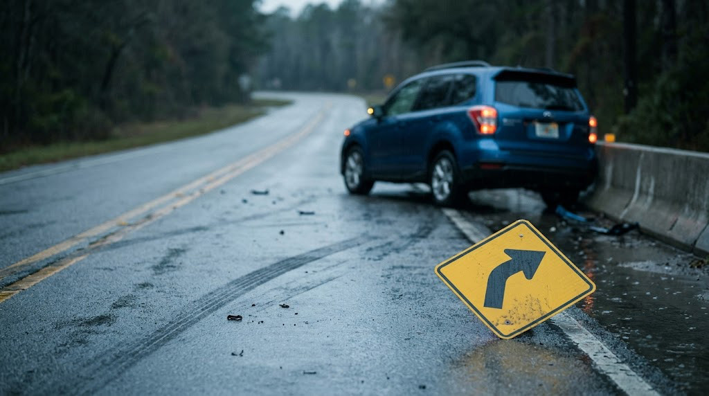 SUV skidding off a wet curved road near a warning sign