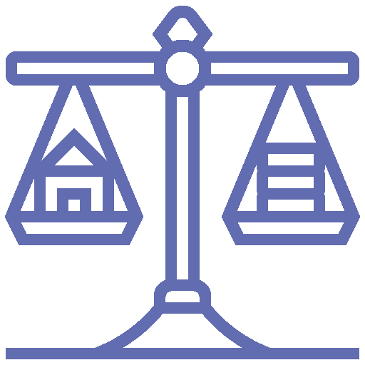 A balance scale with a house icon on one side and a stack of coins on the other.