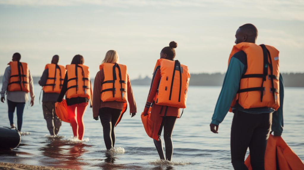 People in orange life jackets wading into the water