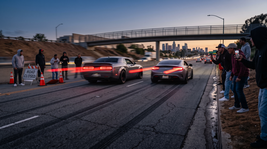 Cars street racing at night as spectators watch