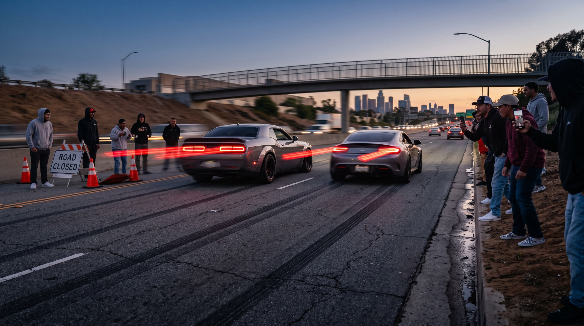 Cars street racing at night as spectators watch
