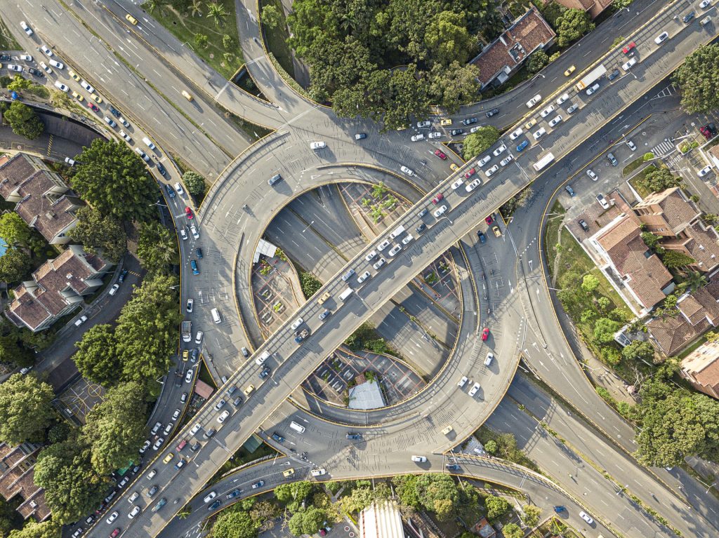 Aerial view of a busy highway interchange