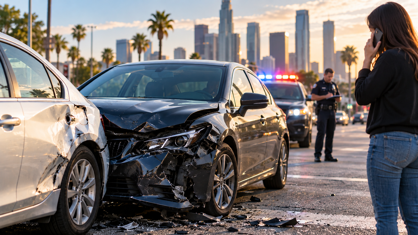 Woman on the phone beside damaged cars after a crash
